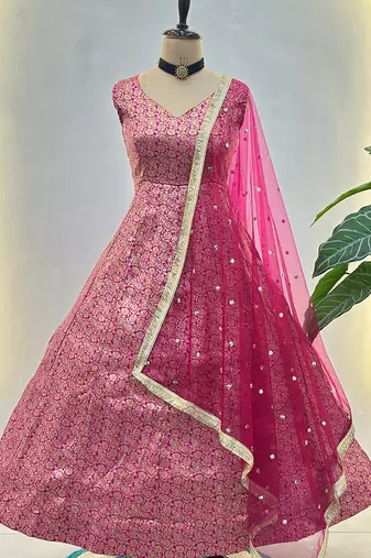 Fuchsia pink banarasi gown set