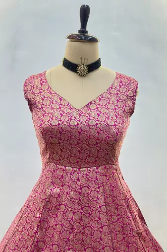 Fuchsia pink banarasi gown set