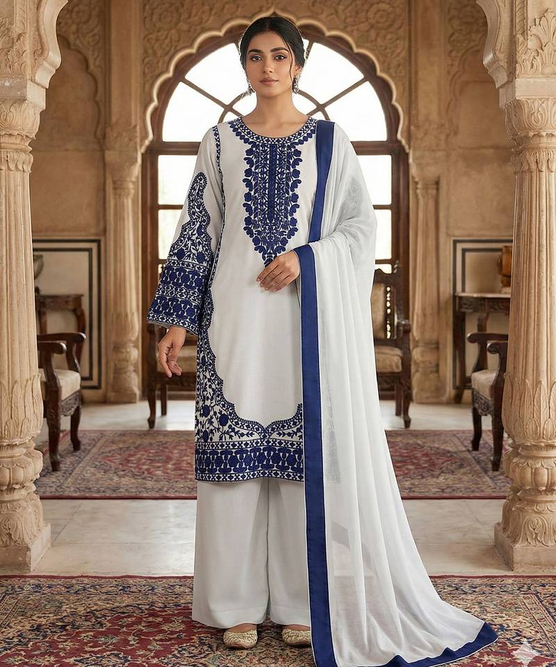 Pristine white & navy blue georgette kurta set