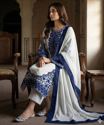 Pristine white & navy blue georgette kurta set 2
