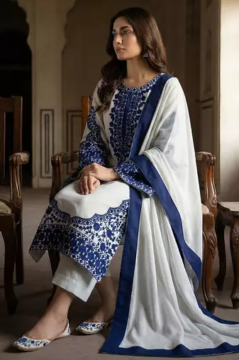 Pristine white & navy blue georgette kurta set