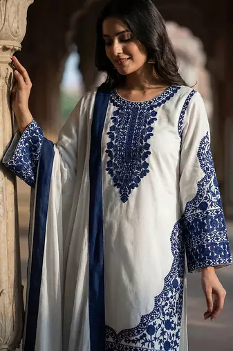 Pristine white & navy blue georgette kurta set