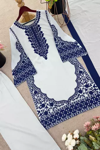 Pristine white & navy blue georgette kurta set