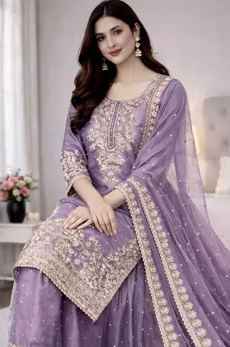 Lavender zari-embellished organza set