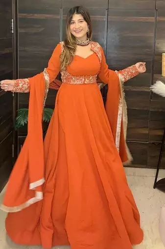 Tangerine floral embroidered georgette anarkali set
