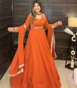 Tangerine floral embroidered georgette anarkali set