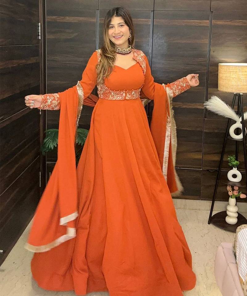 Tangerine floral embroidered georgette anarkali set