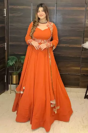 Tangerine floral embroidered georgette anarkali set