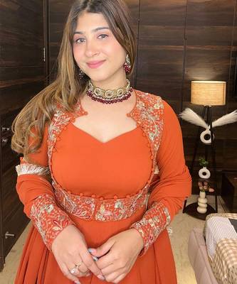 Tangerine floral embroidered georgette anarkali set 3