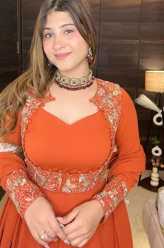 Tangerine floral embroidered georgette anarkali set