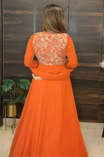 Tangerine floral embroidered georgette anarkali set