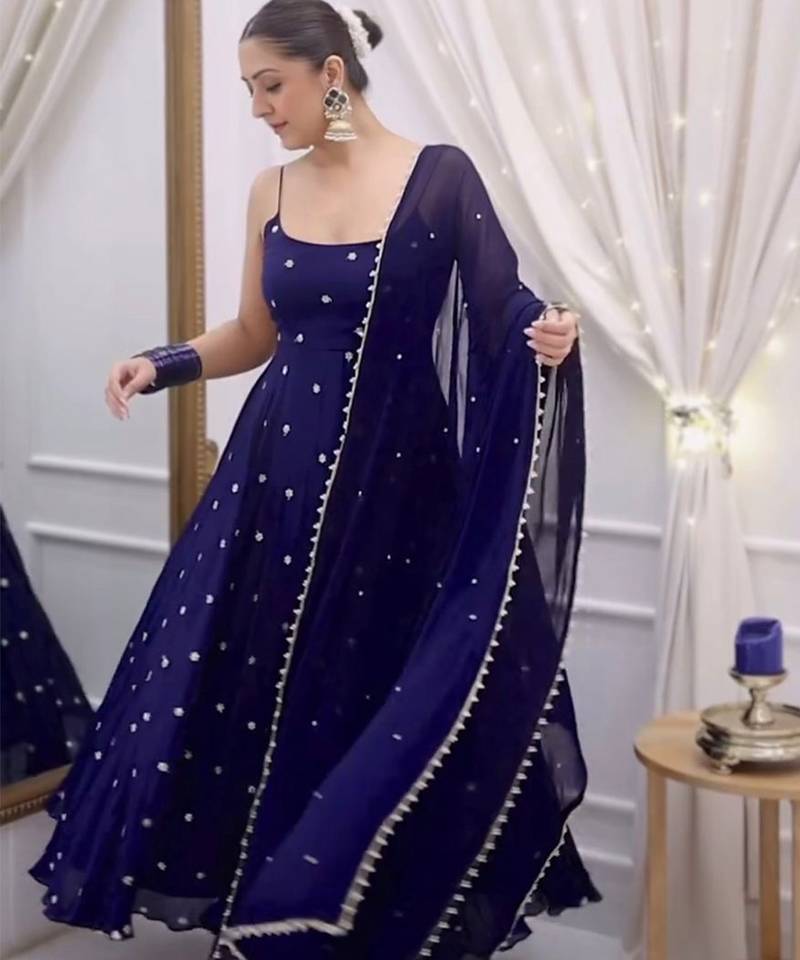 Midnight navy strappy anarkali gown