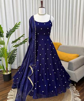 Midnight navy strappy anarkali gown 3