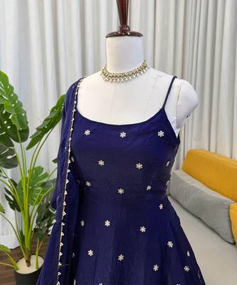Midnight navy strappy anarkali gown 4