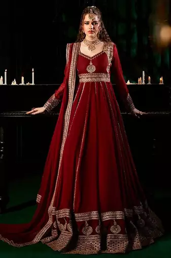 Red heavy-work georgette festive gown