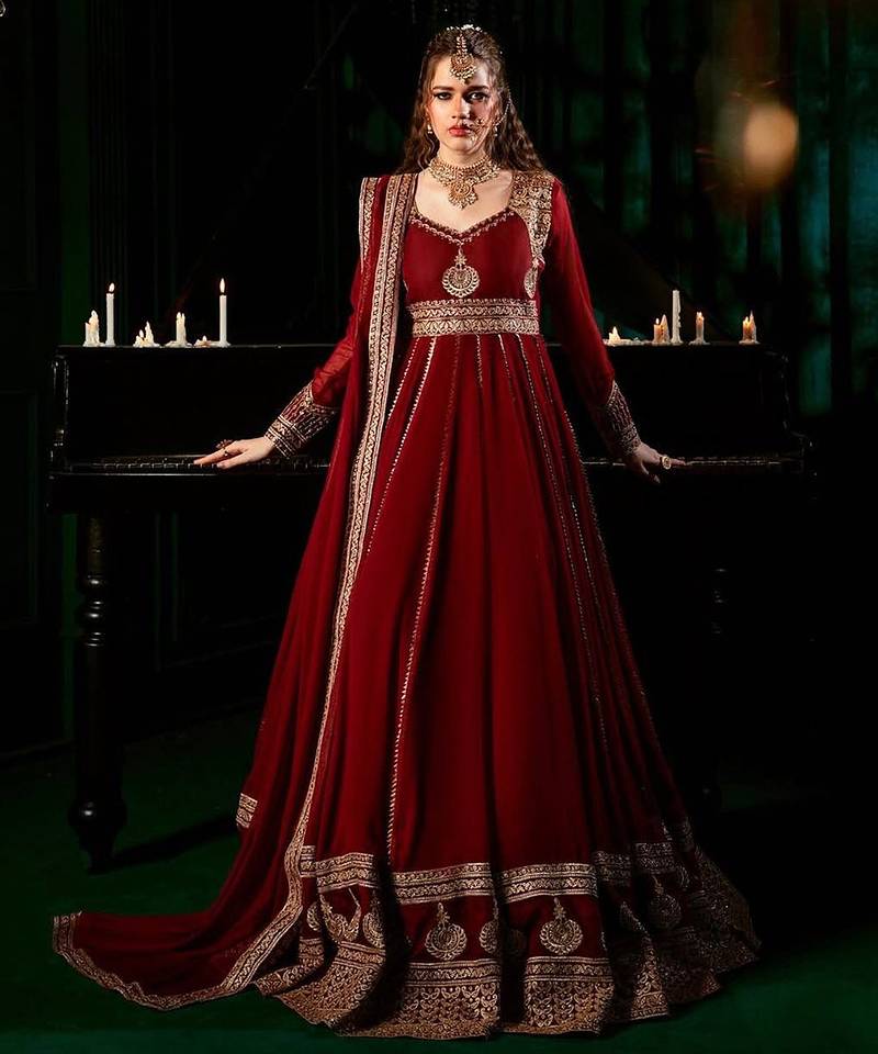 Red heavy-work georgette festive gown