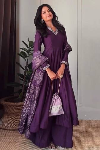Purple silk blend v-neck anarkali set