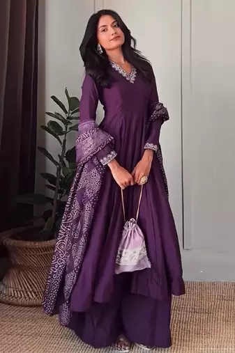 Purple silk blend v-neck anarkali set