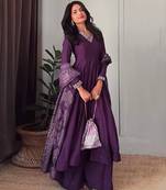 Purple silk blend v-neck anarkali set