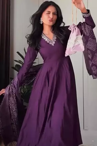 Purple silk blend v-neck anarkali set