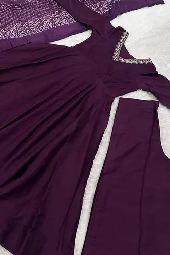 Purple silk blend v-neck anarkali set