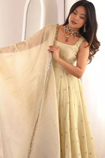 Cream silk-blend festive anarkali set