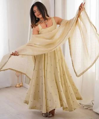 Cream silk-blend festive anarkali set 1
