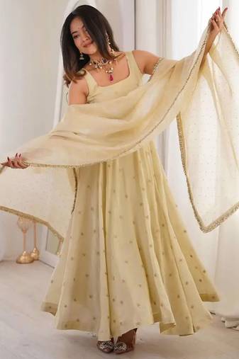 Cream silk-blend festive anarkali set