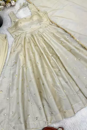 Cream silk-blend festive anarkali set