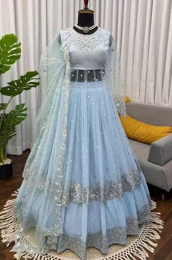 Serene sky blue georgette layered lehenga