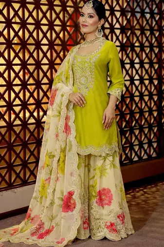 Chinon lime green & floral sharara ensemble