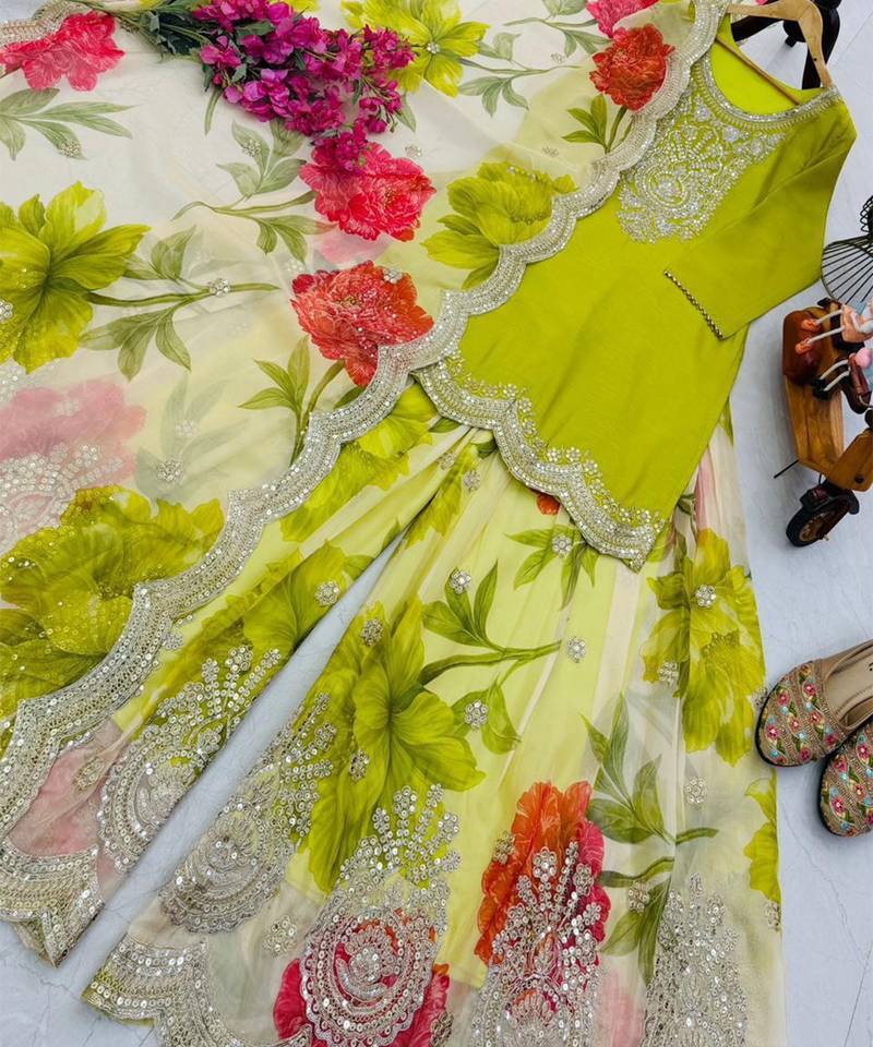 Chinon lime green & floral sharara ensemble