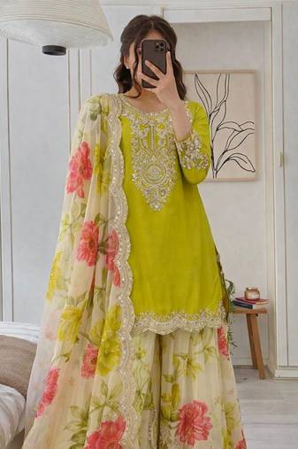 Chinon lime green & floral sharara ensemble