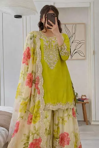 Chinon lime green & floral sharara ensemble