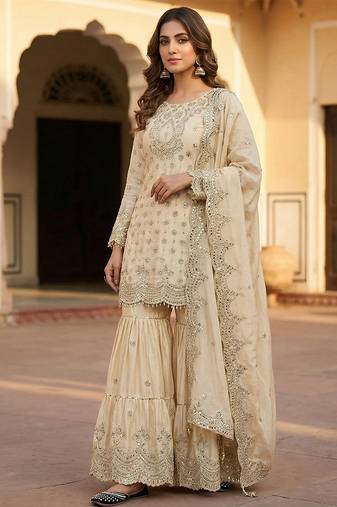 Chinon ivory mirror-work sharara suit