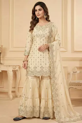 Chinon ivory mirror-work sharara suit