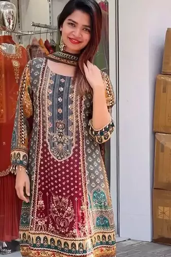 Multi-color heritage georgette printed kurta set