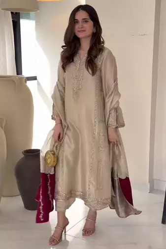 Gold tissue silk kurta set with maroon dupatta