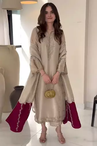 Gold tissue silk kurta set with maroon dupatta