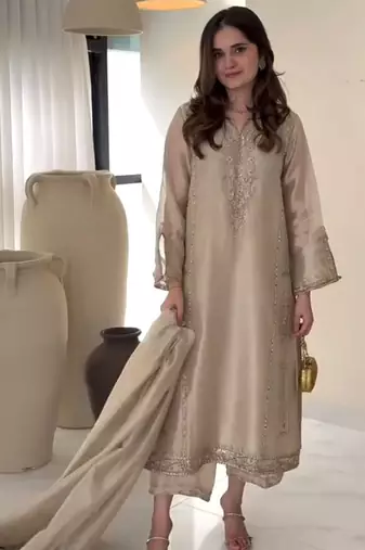 Gold tissue silk kurta set with maroon dupatta