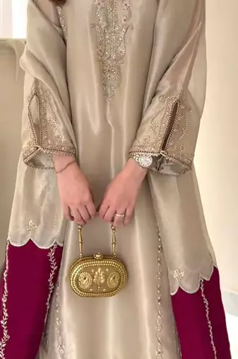 Gold tissue silk kurta set with maroon dupatta