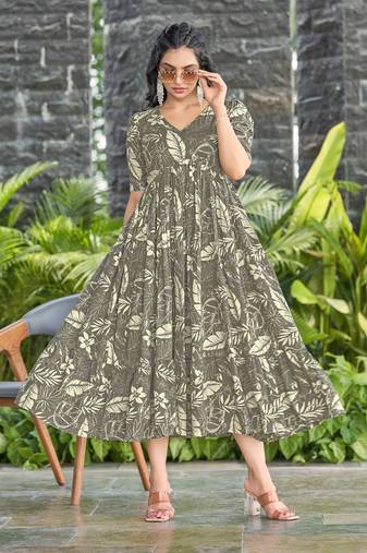 Women grey all-over floral print rayon fit & flare maxi dress