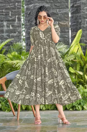 Women grey all-over floral print rayon fit & flare maxi dress
