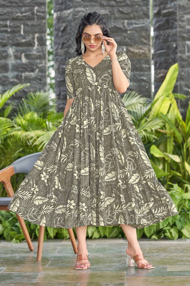 Women grey all-over floral print rayon fit & flare maxi dress