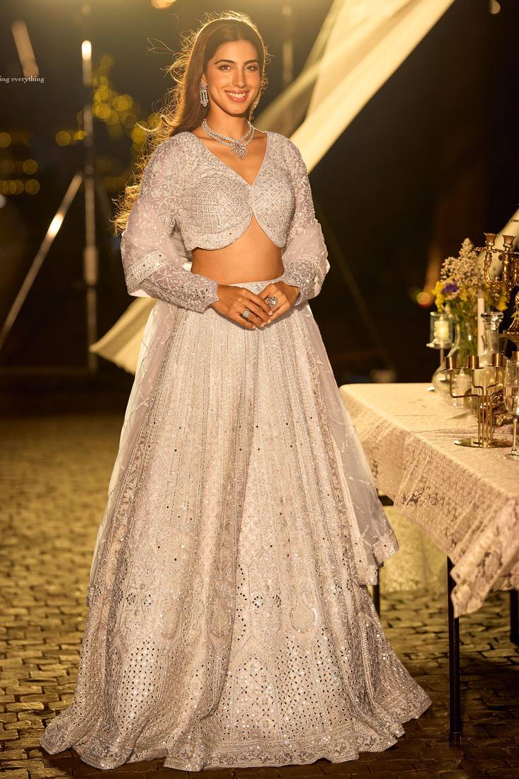 Silver Net Embroidered Lehenga Set