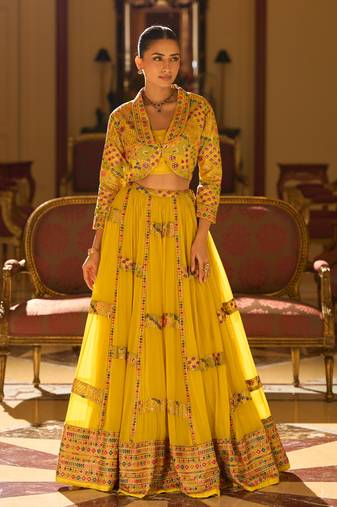 Mustard Yellow Georgette Embroidered Lehenga Set