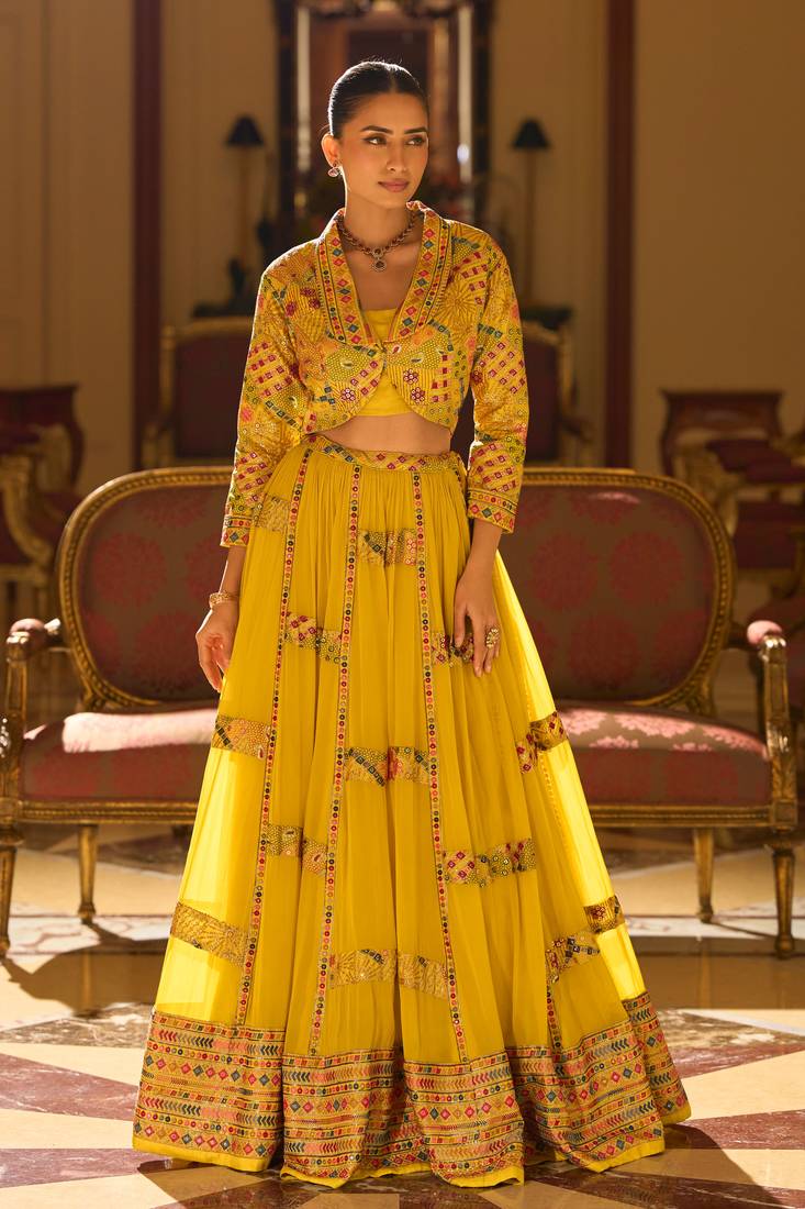 Mustard Yellow Georgette Embroidered Lehenga Set