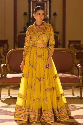 Mustard Yellow Georgette Embroidered Lehenga Set