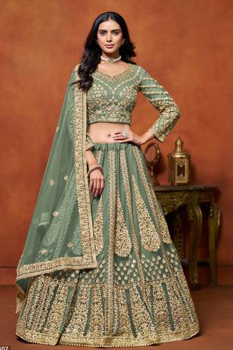 Light Green Net Embroidered Lehenga Set