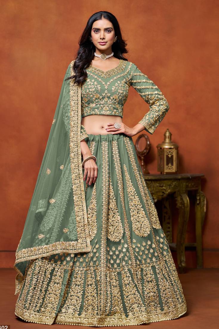 Light Green Net Embroidered Lehenga Set